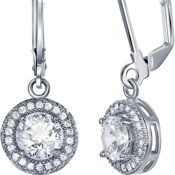 18k White Gold Plated Round Cut Halo Drop Dangle Earrings, Silver - Picture 1 of 2
